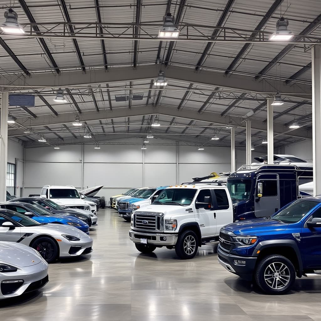 Professional automotive auction hall with luxury cars, trucks, and marine equipment on display, premium lighting, modern industrial setting