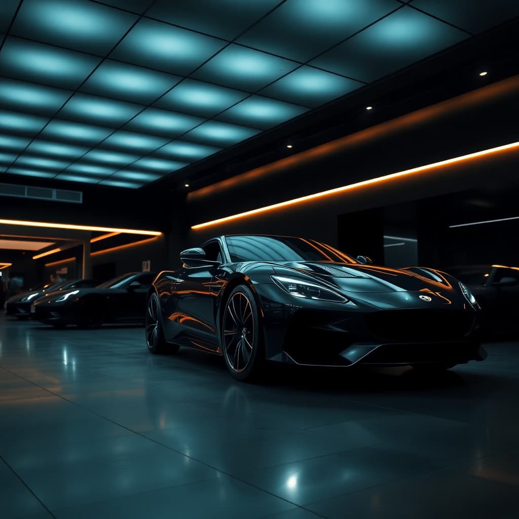 Luxurious dark automotive showroom with premium lighting, showcasing a sleek modern car, high-end 4k resolution, cinematic lighting