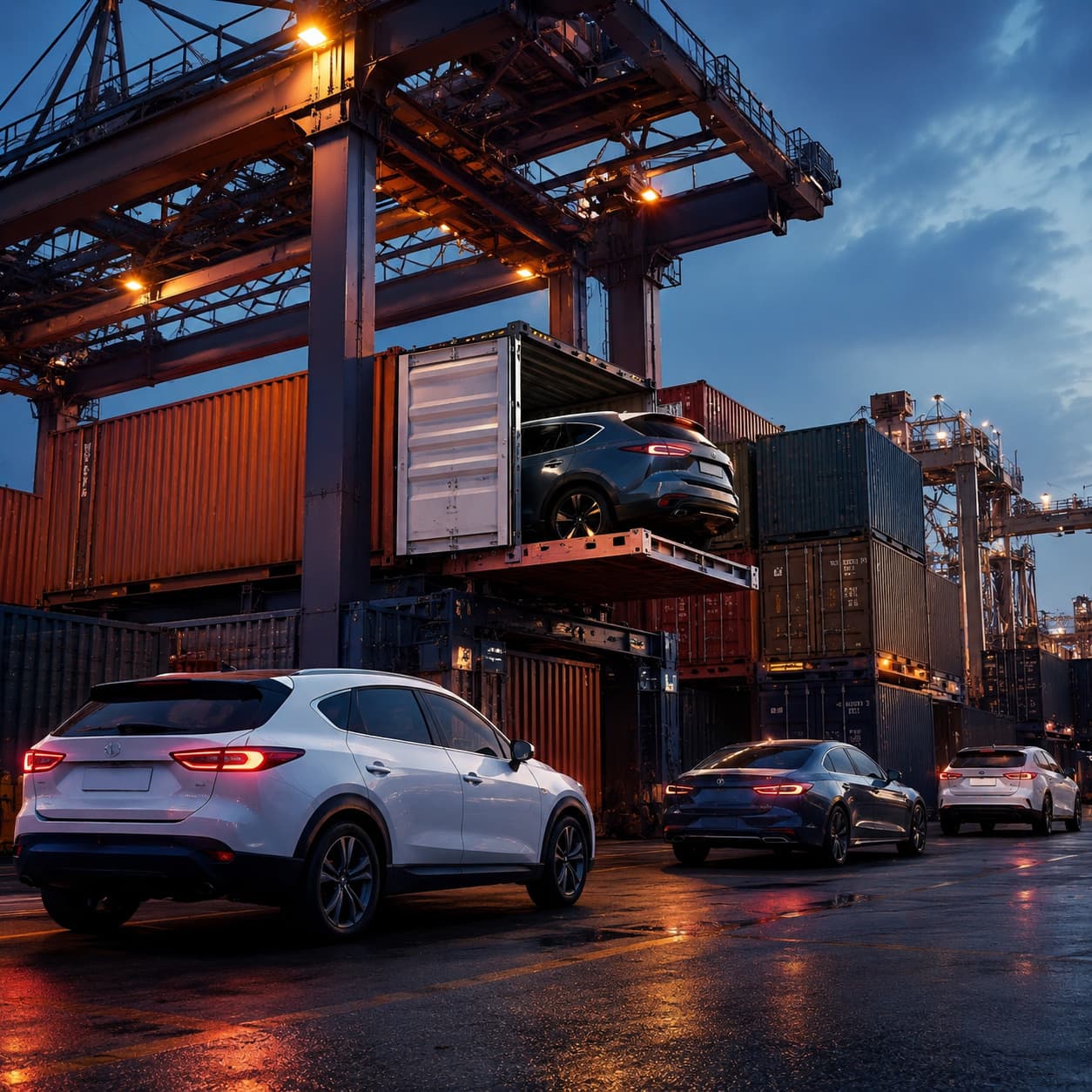 cargo ship with cars, automotive logistics, shipping containers, professional business photography